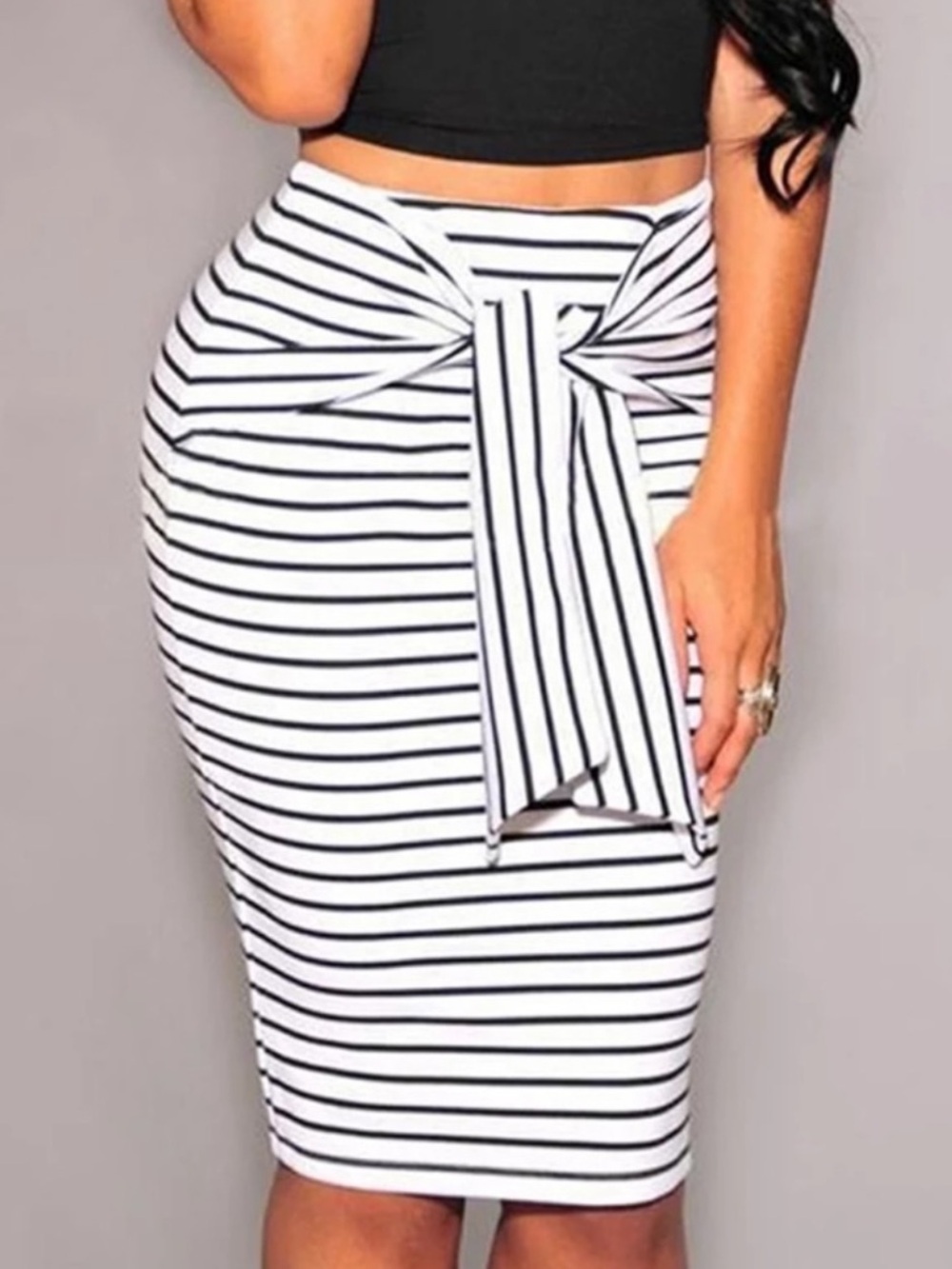 Striped Tie-Front Pencil Skirt - White and Black